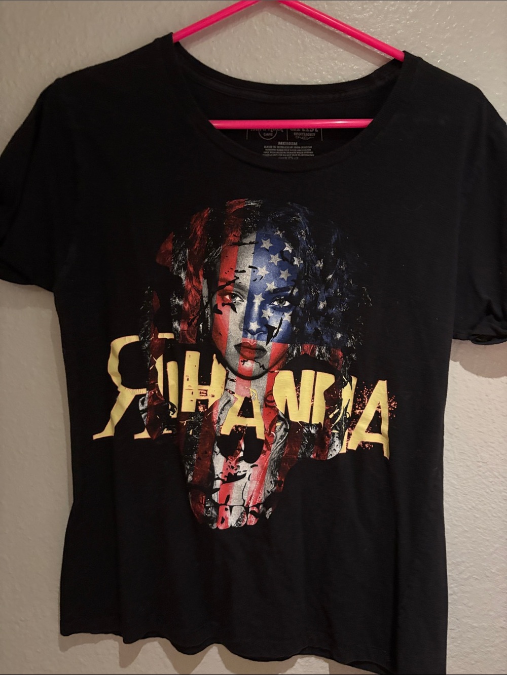 Hard Rock Cafe Black Short Sleeve Tee with Yellow Logo and Red/Blue Print